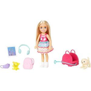 🆕Barbie Chelsea Small Doll Accessories, Travel Set with Puppy Pet & Backpack